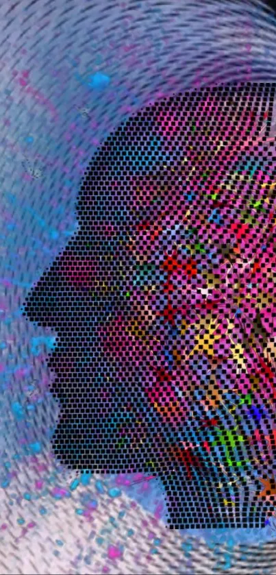 Colorful abstract head silhouette with vibrant patterns.