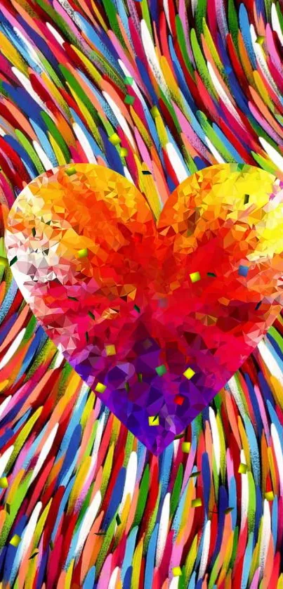 Abstract colorful heart with vibrant strokes in a lively mobile wallpaper.