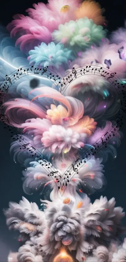 Colorful abstract heart wallpaper with musical notes.