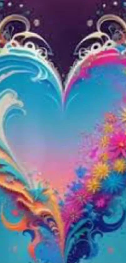 Vibrant abstract heart wallpaper with floral patterns and swirling colors.