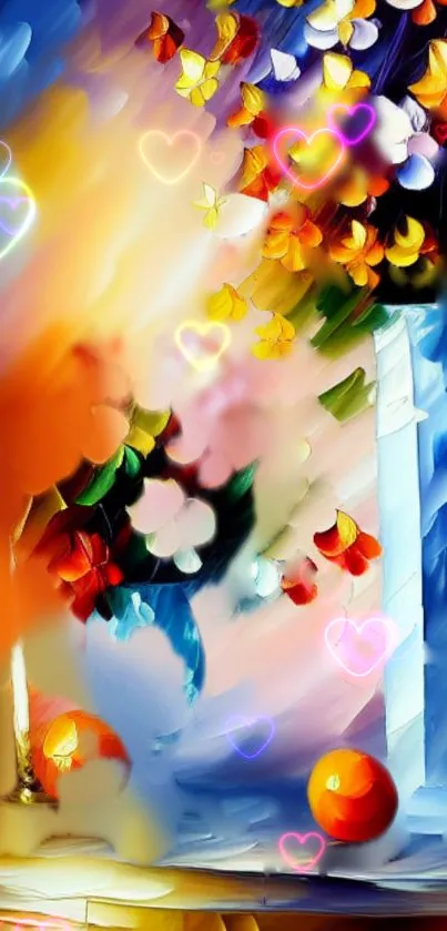 Colorful abstract wallpaper with hearts and vibrant brushstrokes.
