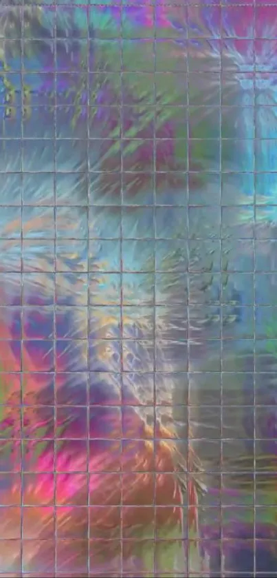 Vibrant holographic abstract wallpaper with colorful grid pattern for mobile screen.