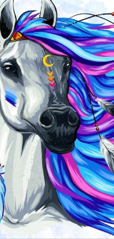 Vibrant horse artwork with colorful feathers and mane.