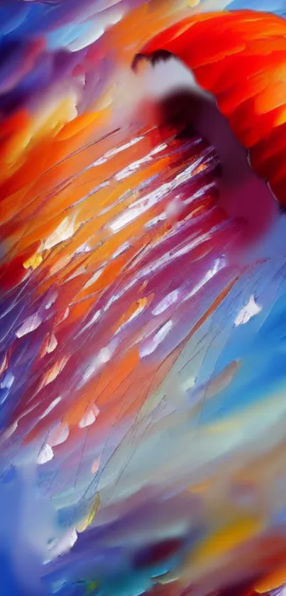 Abstract painting of a colorful jellyfish in vibrant motion.