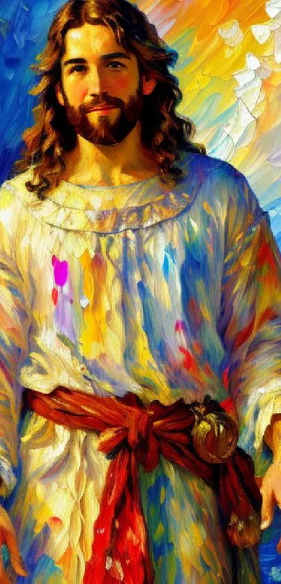 Colorful abstract painting of Jesus with vibrant hues.