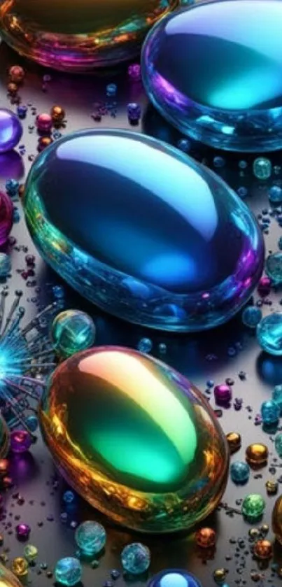 Colorful abstract wallpaper with jewel-like shapes in blue, purple, and gold hues.