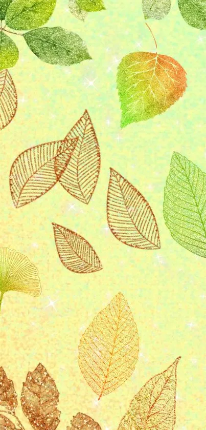 Vibrant abstract leaf pattern on pastel wallpaper.