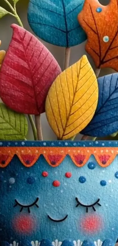 Whimsical colorful leaves in a blue cup artwork.