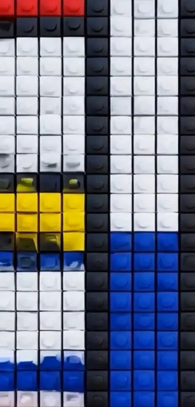 Colorful LEGO block abstract art with red, blue, yellow, and white design.