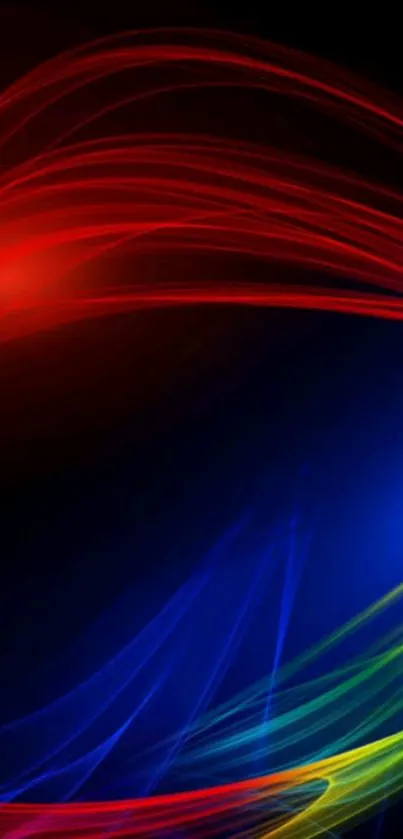 Colorful abstract light streaks on a dark background, featuring red, blue, and green hues.