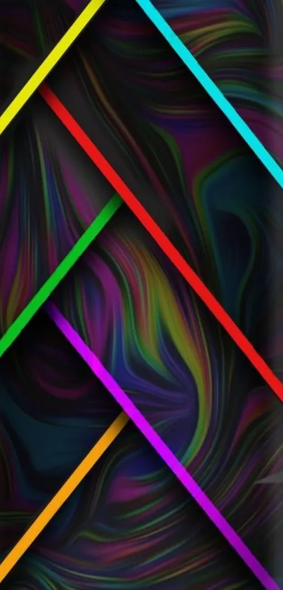 Colorful abstract wallpaper with vibrant diagonal lines and swirling patterns.