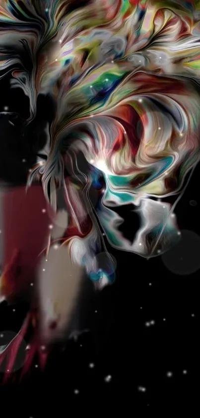 Colorful abstract lion with swirling colors on a dark background.