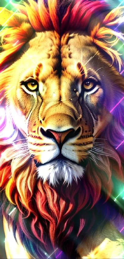 A colorful lion with vibrant rainbow mane in an artistic style for mobile wallpaper.