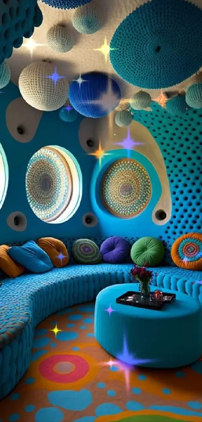 Vibrant abstract lounge with circular seating and colorful decor.