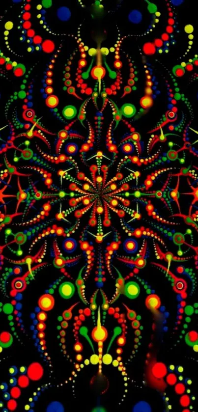 Vibrant mandala wallpaper with colorful abstract dots and patterns on a black background.