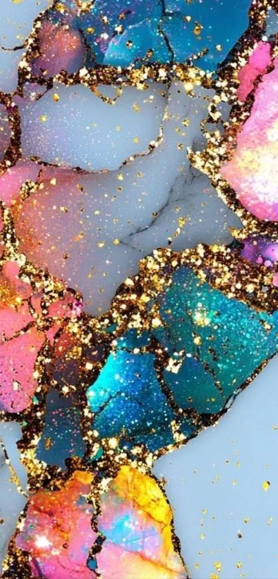 Colorful abstract marble wallpaper with gold accents.