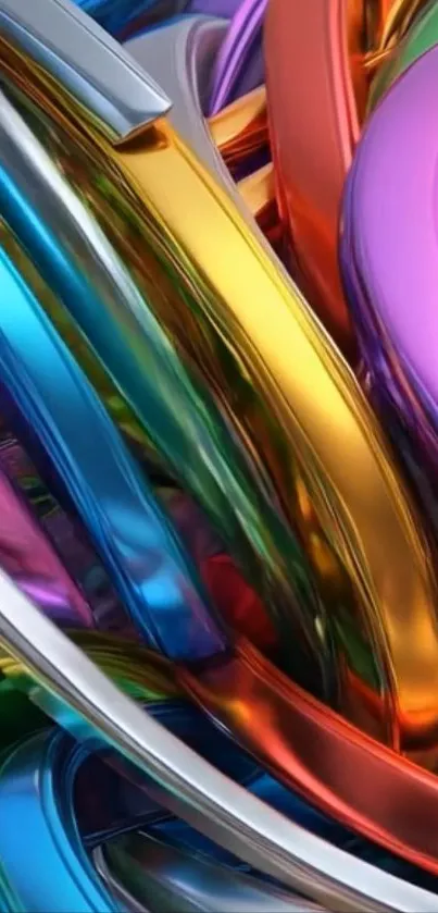 Colorful interlocking metal curves abstract art.