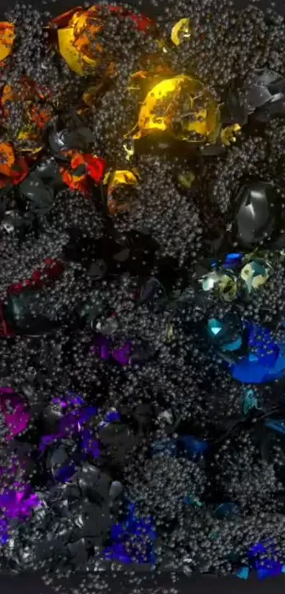 Vibrant abstract wallpaper with colorful shards and black spheres.