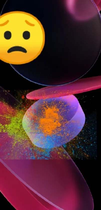 Abstract mobile wallpaper with splashes and an expressive emoji on a black background.