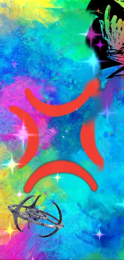 Colorful abstract mobile wallpaper with sci-fi elements and vibrant hues.