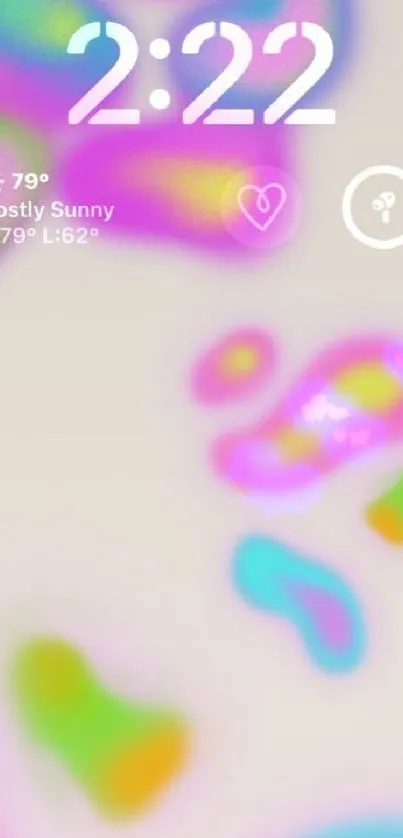 Colorful abstract mobile wallpaper with time and weather display.