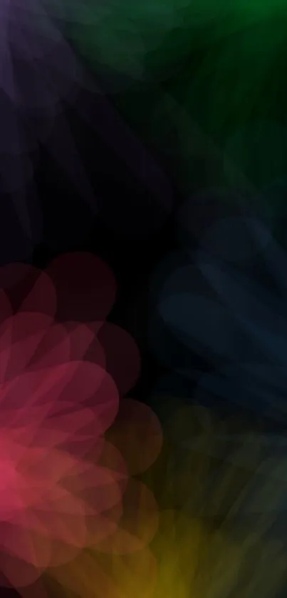 Colorful abstract mobile wallpaper with bokeh effects on a dark background.