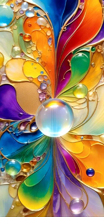 Vibrant abstract glass art with colorful flowing design and bubbles.