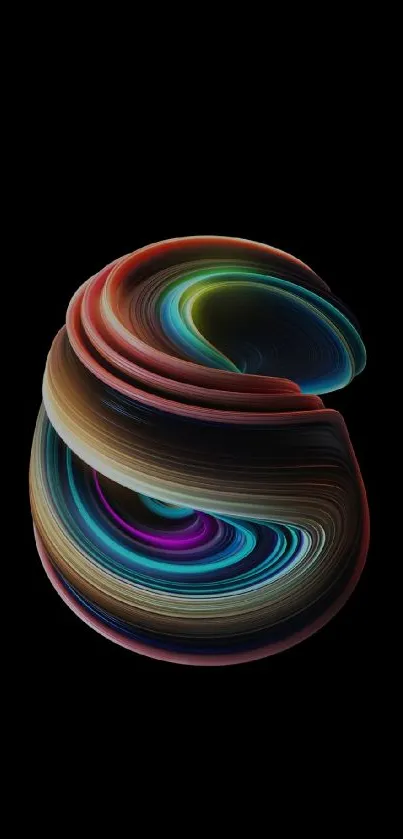 Abstract, colorful swirl on a black background.