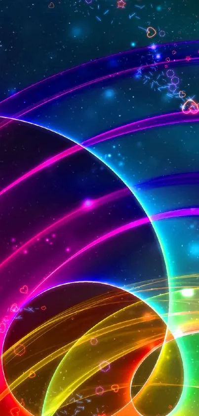 Colorful abstract wallpaper with swirling rainbow design.