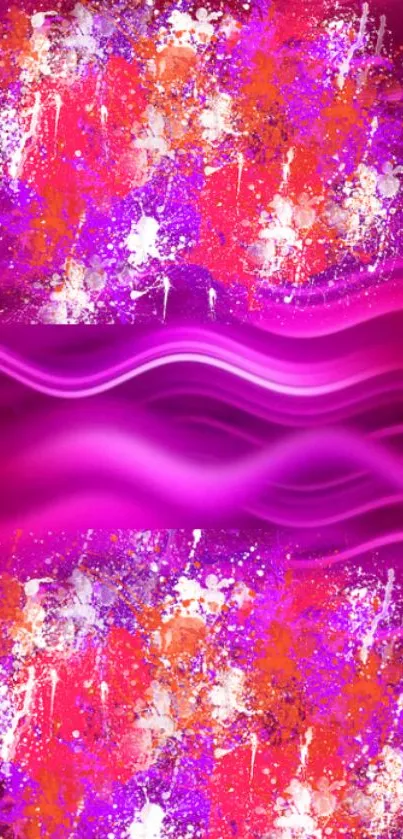 Vibrant abstract mobile wallpaper with pink waves and colorful splashes.