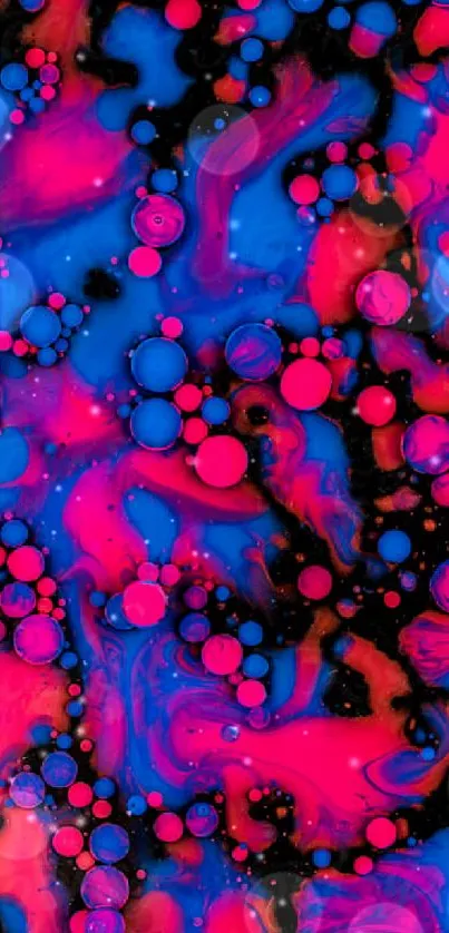 Vibrant neon fluid art in pink and blue swirls on black background.