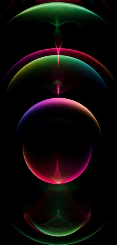 Vibrant neon abstract mobile wallpaper with circular design on black background.