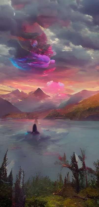 Colorful abstract mountain scene with vibrant sky and misty waters.