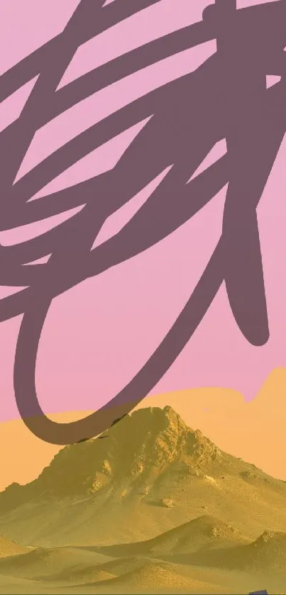 Abstract wallpaper with colorful mountain and bold pink strokes.
