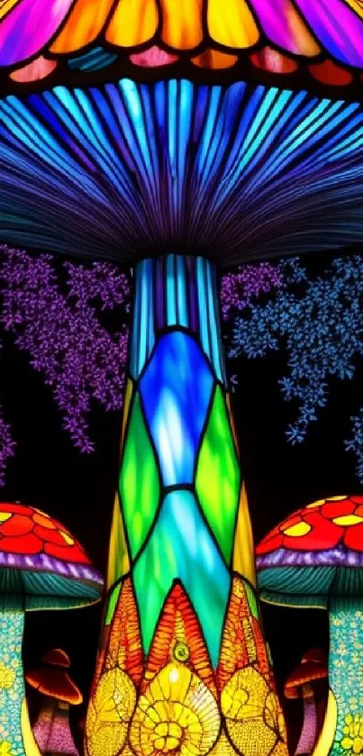 Vibrant and colorful abstract mushroom artwork on a black background.