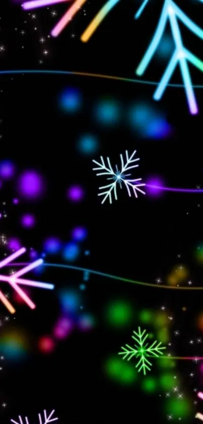 Colorful abstract neon snowflakes on black background wallpaper.