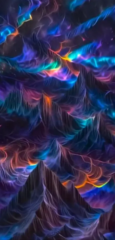 Vibrant abstract night sky with colorful, swirling patterns and mystical mountains.