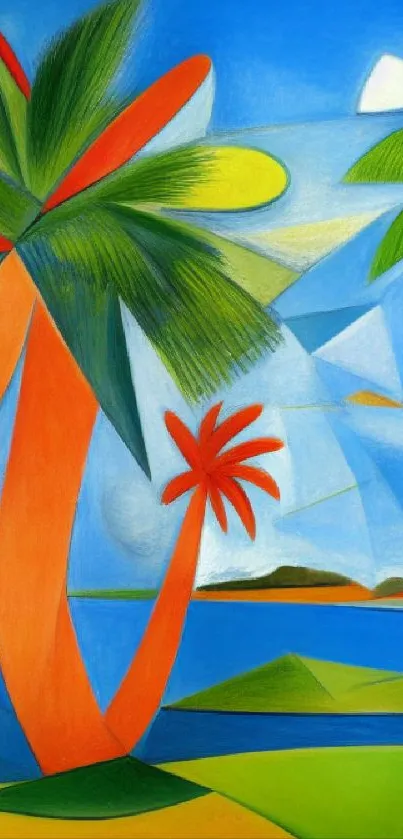 Colorful abstract palm tree art with vibrant tropical hues.