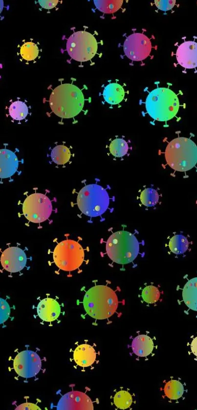 Colorful circular abstract pattern on a black background for phone wallpaper.