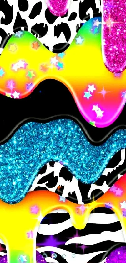 Colorful abstract pattern with glitter and zebra print.