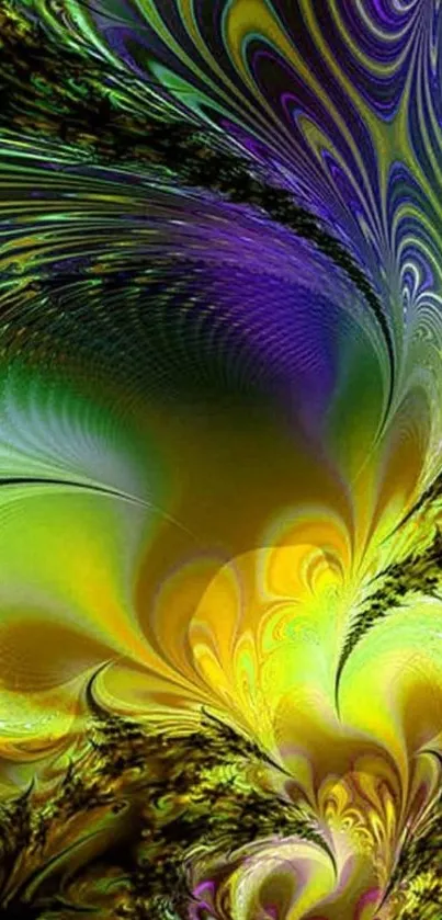 Vibrant abstract yellow and green swirl wallpaper design.