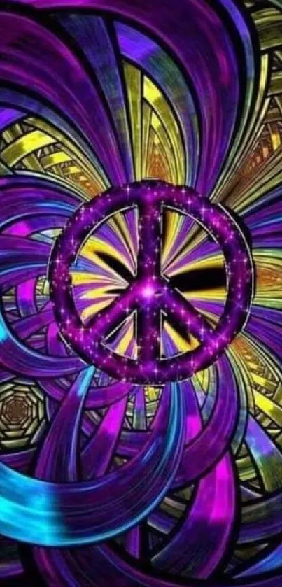 Colorful abstract wallpaper with peace symbol in purple and blue.