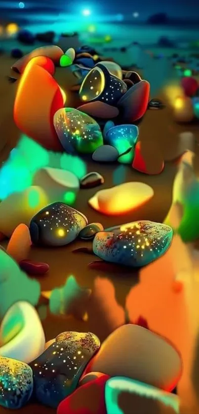 Colorful abstract pebbles glowing vibrantly.