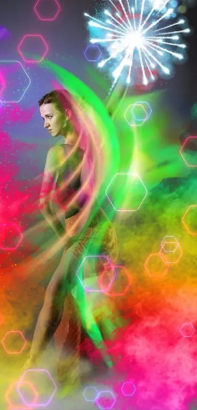 Colorful abstract wallpaper with dancer and fireworks.