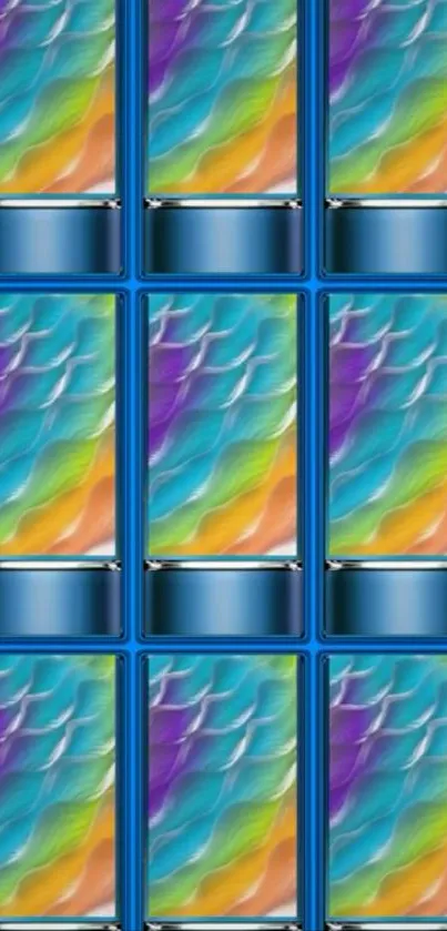 Vibrant abstract wallpaper with rainbow wave pattern on mobile phone screens.
