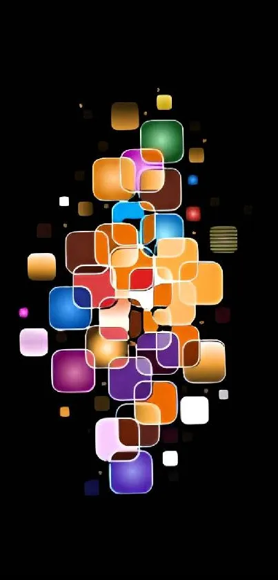 Vibrant abstract wallpaper with colorful geometric shapes on a black background.