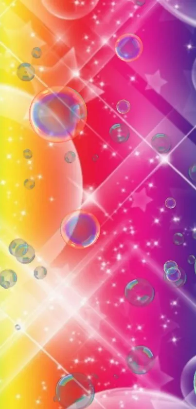 Vibrant abstract wallpaper with bubbles, stars, and rainbow colors.