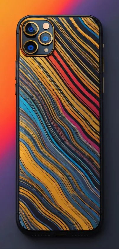 Stylish phone with colorful abstract pattern on a dark slate background.