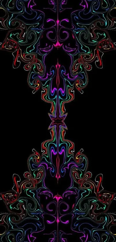 Colorful neon abstract wallpaper with intricate patterns on black.