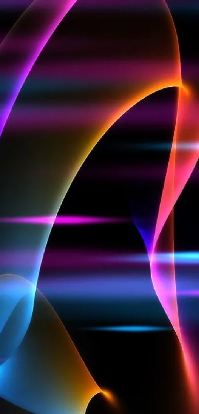 Vibrant neon curves on a dark abstract mobile wallpaper.